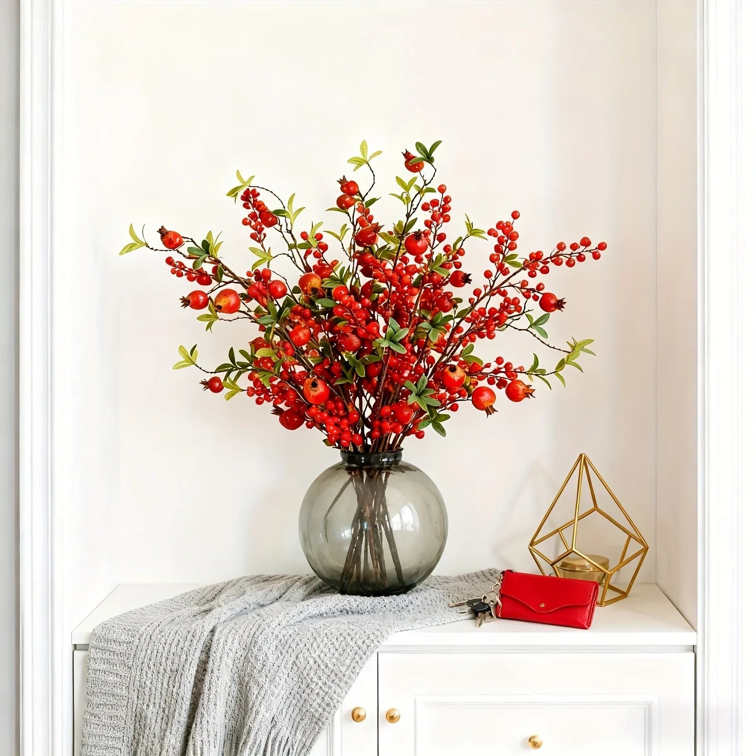 Artificial Floral Pomegranate Decoration with Red Winterberry Berries and Dark Stems, back view - House Of Avana
