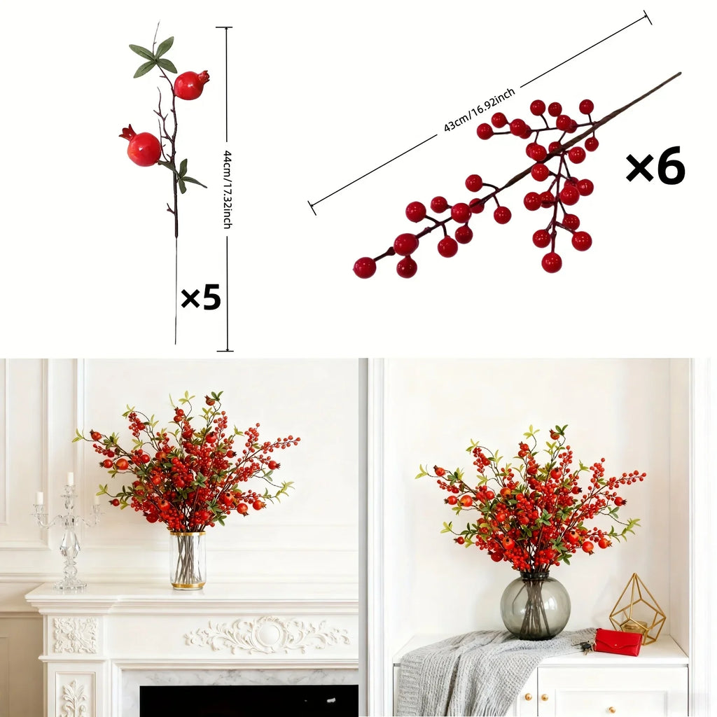 Artificial Floral Pomegranate Decoration with Red Winterberry Berries and Dark Stems, side view - House Of Avana