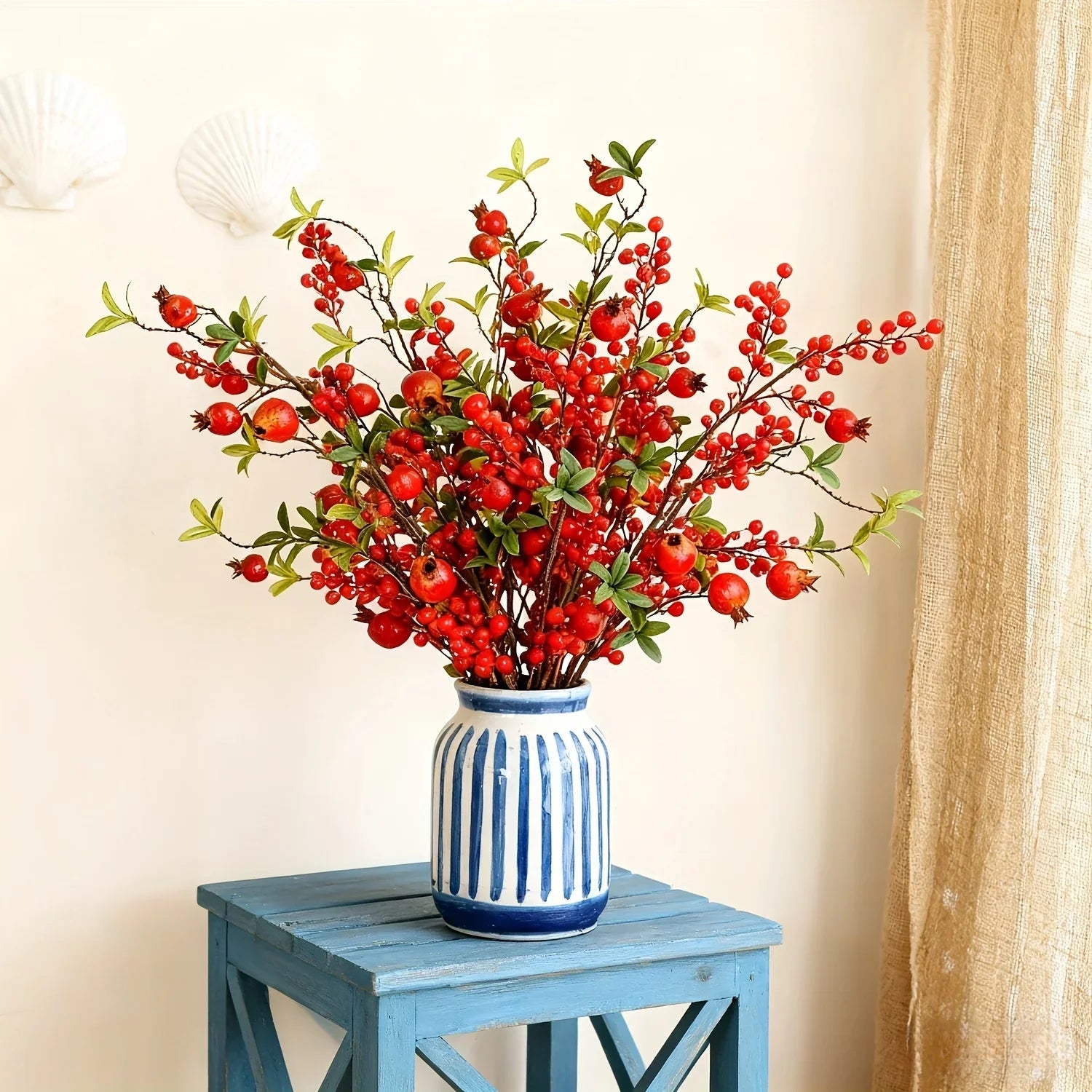 Artificial Floral Pomegranate Decoration with Red Winterberry Berries and Dark Stems, detail shot - House Of Avana