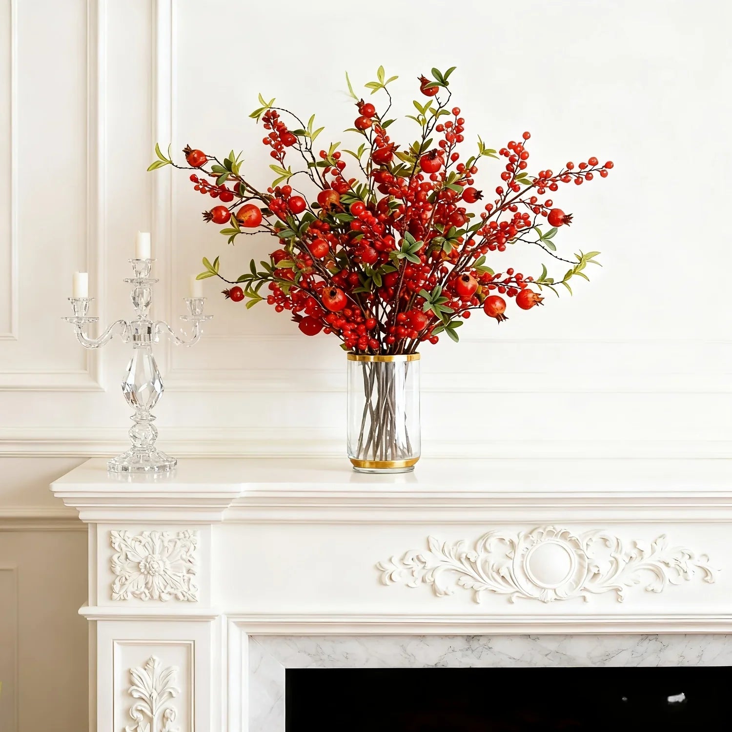 Artificial Floral Pomegranate Decoration with Red Winterberry Berries and Dark Stems, angled view - House Of Avana