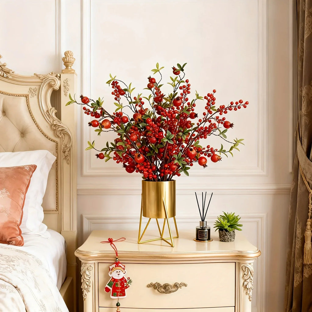 Artificial Floral Pomegranate Decoration with Red Winterberry Berries and Dark Stems, angled view - House Of Avana