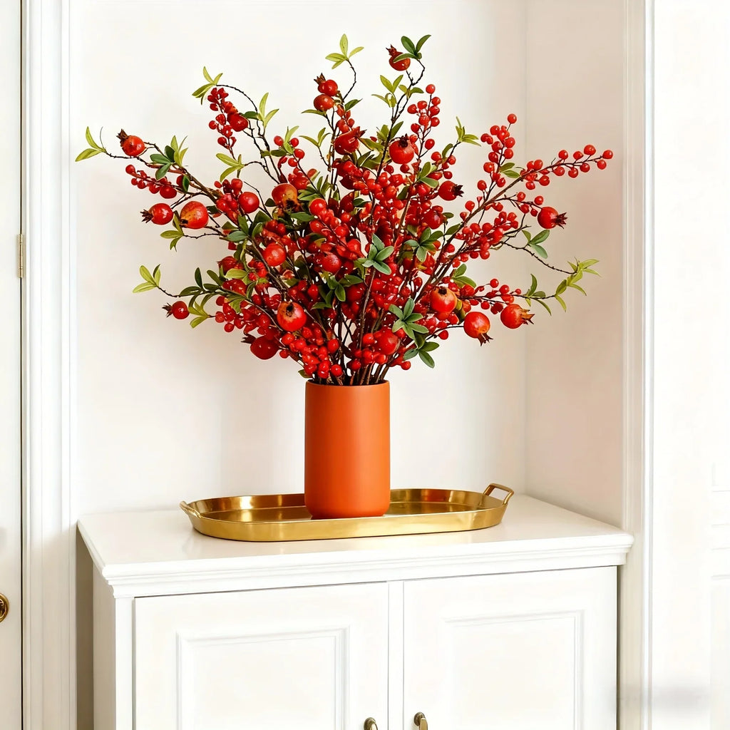 Artificial Floral Pomegranate Decoration with Red Winterberry Berries and Dark Stems, angled view - House Of Avana