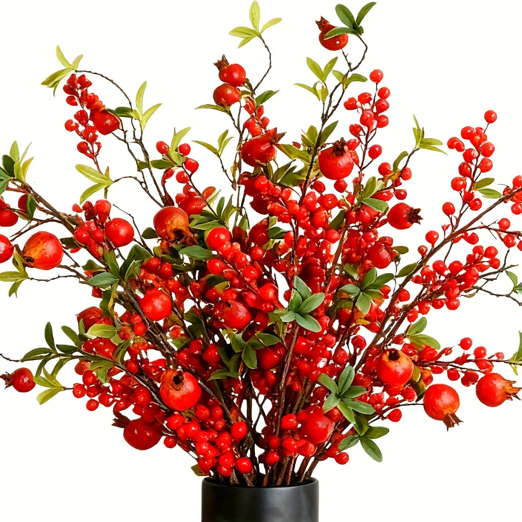 Artificial Floral Pomegranate Decoration with Red Winterberry Berries and Dark Stems, front view - House Of Avana