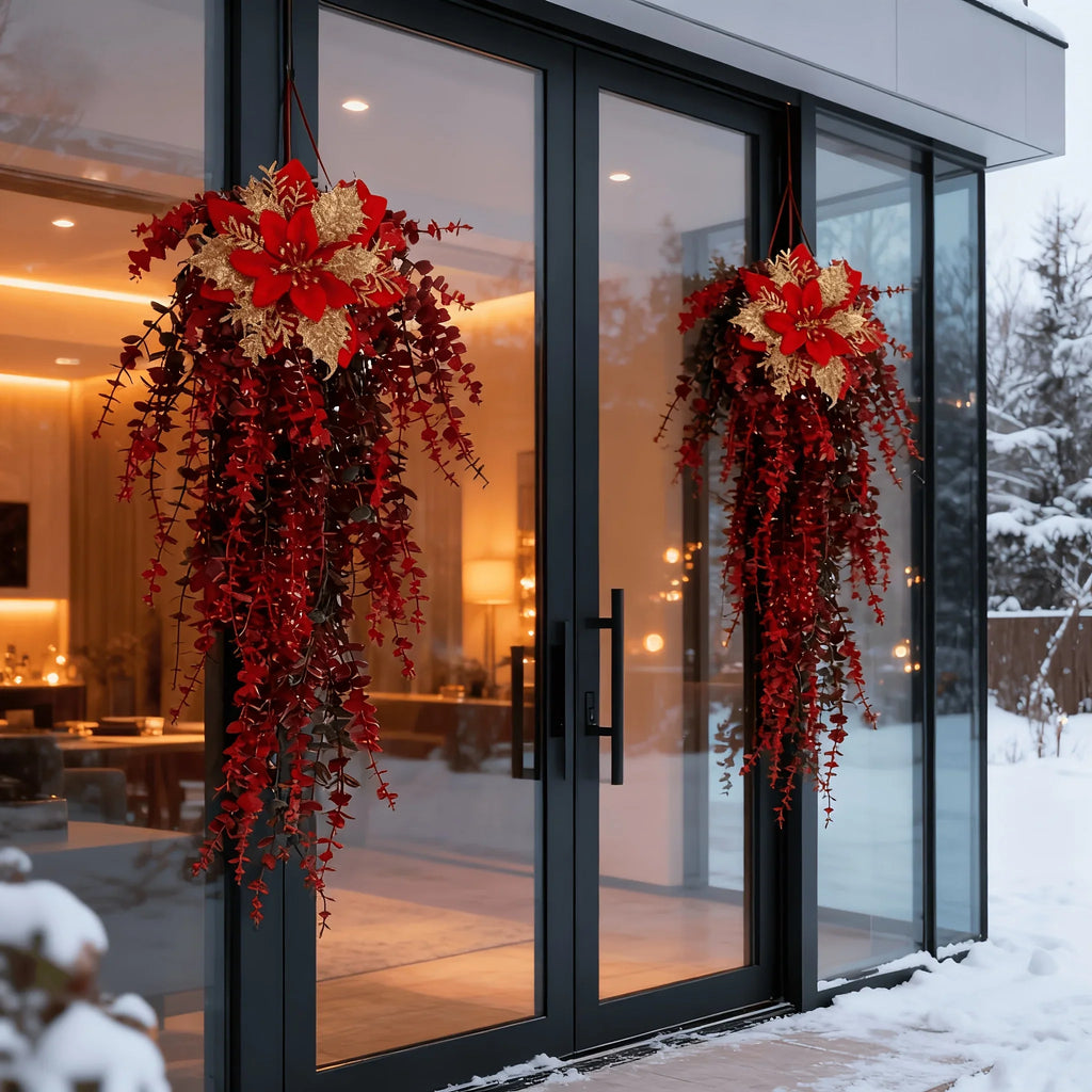 Artificial Flower Garland, Red and Golden-pink Eucalyptus Poinsettia, 81cm Maintenance-free, back view - House Of Avana
