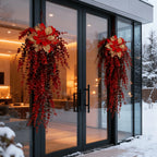 Artificial Flower Garland, Red and Golden-pink Eucalyptus Poinsettia, 81cm Maintenance-free, back view - House Of Avana