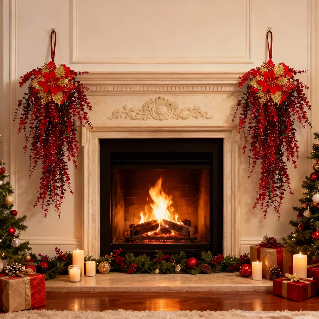 Artificial Flower Garland, Red and Golden-pink Eucalyptus Poinsettia, 81cm Maintenance-free, angled view - House Of Avana