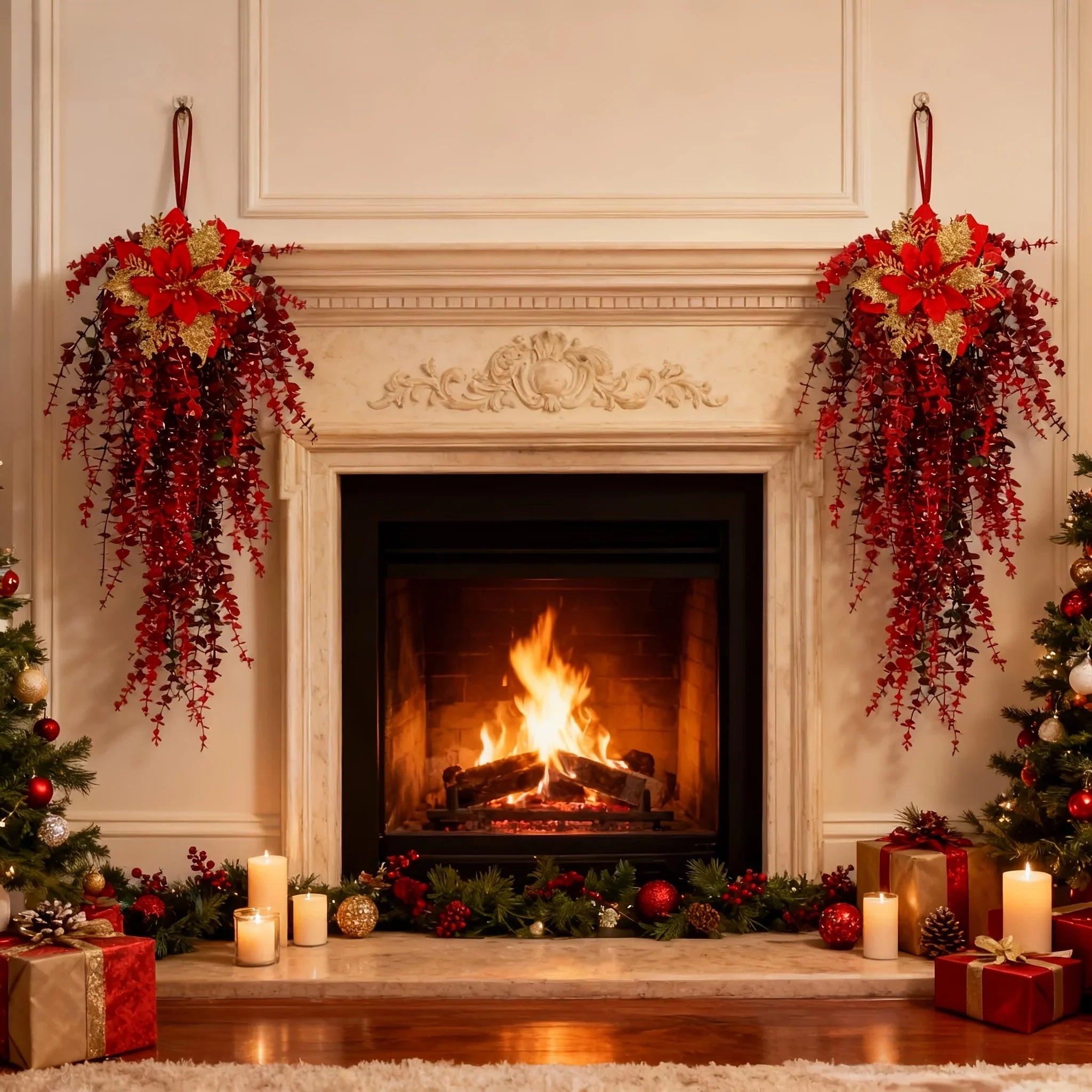 Artificial Flower Garland, Red and Golden-pink Eucalyptus Poinsettia, 81cm Maintenance-free, angled view - House Of Avana