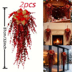 Artificial Flower Garland, Red and Golden-pink Eucalyptus Poinsettia, 81cm Maintenance-free, angled view - House Of Avana