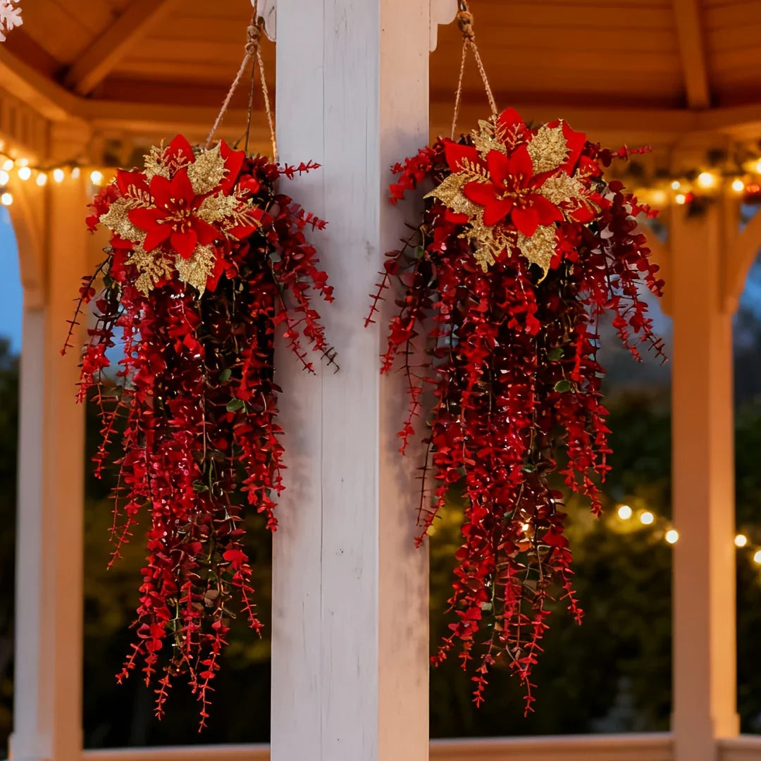 Artificial Flower Garland, Red and Golden-pink Eucalyptus Poinsettia, 81cm Maintenance-free, front view - House Of Avana