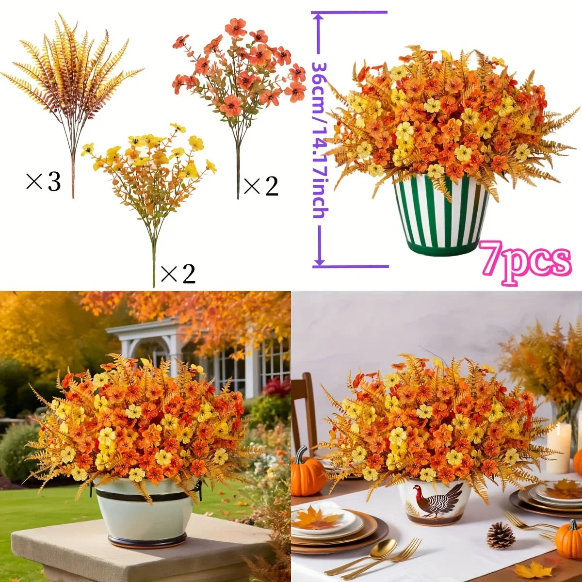 Artificial Flowers, Mixed Orange & Yellow Daisy, S Autumn Decoration, side view - House Of Avana