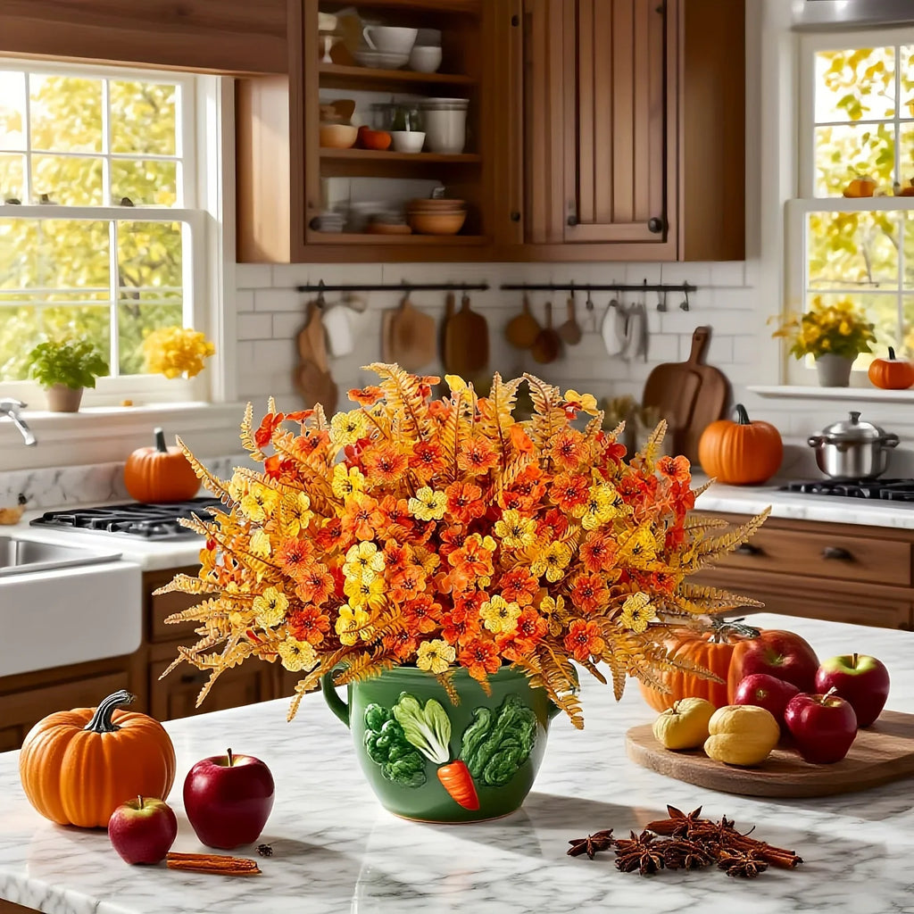 Artificial Flowers, Mixed Orange & Yellow Daisy, S Autumn Decoration, top view - House Of Avana