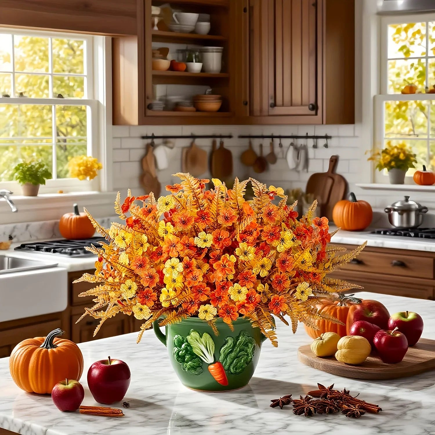 Artificial Flowers, Mixed Orange & Yellow Daisy, S Autumn Decoration, top view - House Of Avana