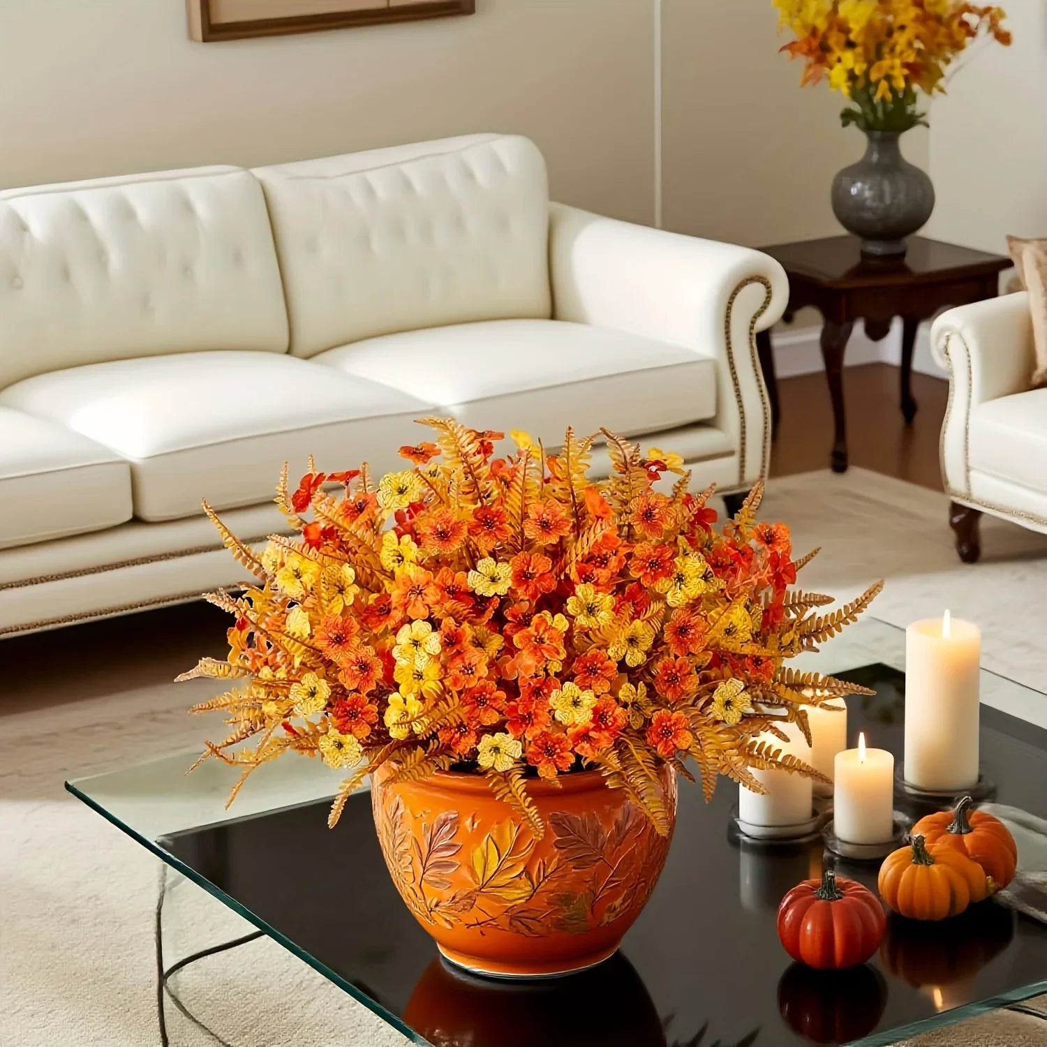 Artificial Flowers, Mixed Orange & Yellow Daisy, S Autumn Decoration, angled view - House Of Avana