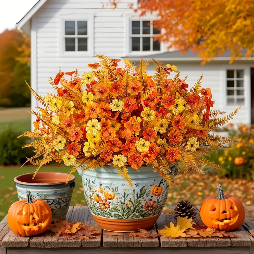 Artificial Flowers, Mixed Orange & Yellow Daisy, S Autumn Decoration, angled view - House Of Avana
