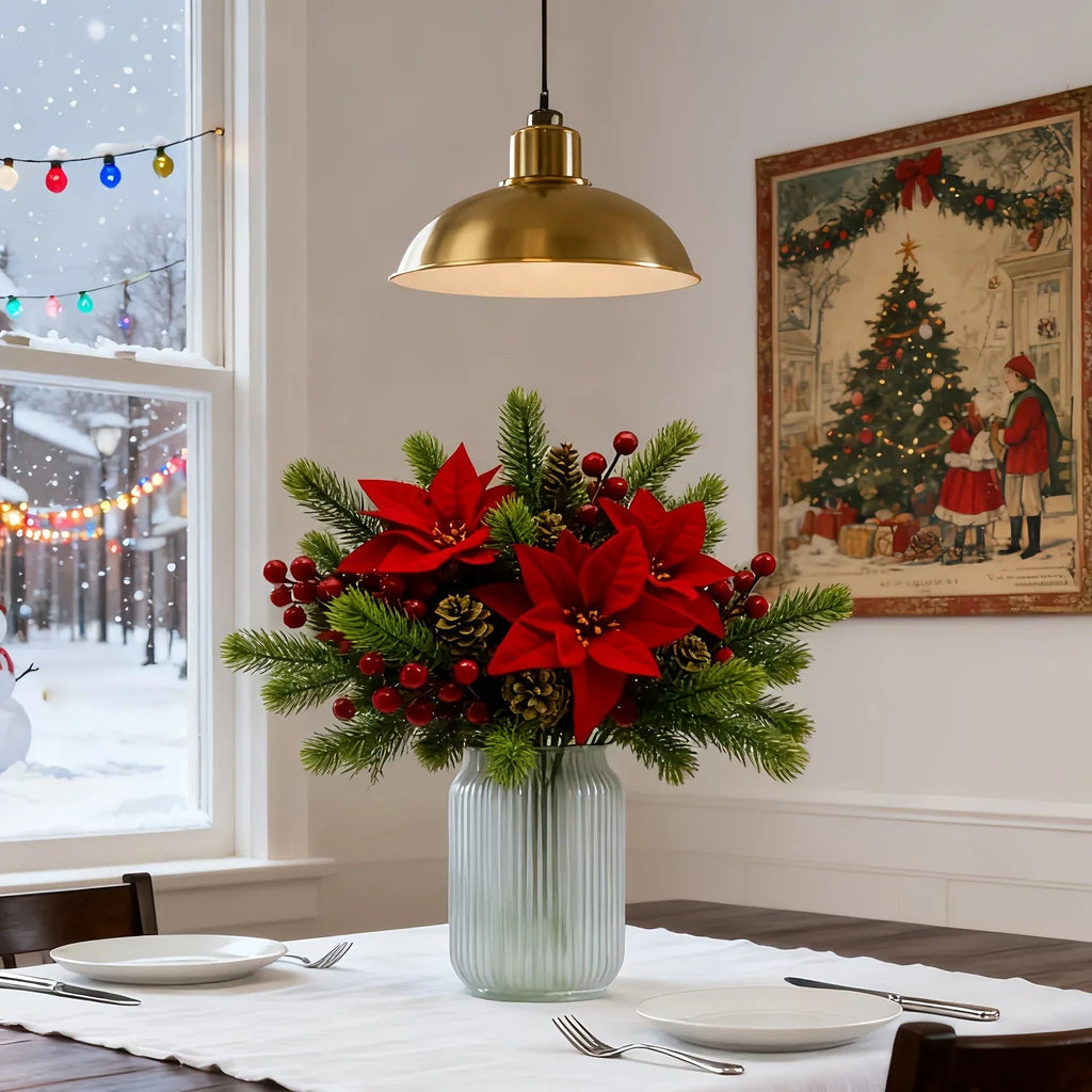 Artificial Flowers, Poinsettia Set of Branches with Pine - House Of Avana [[SKU:HOA-FLR-011]]