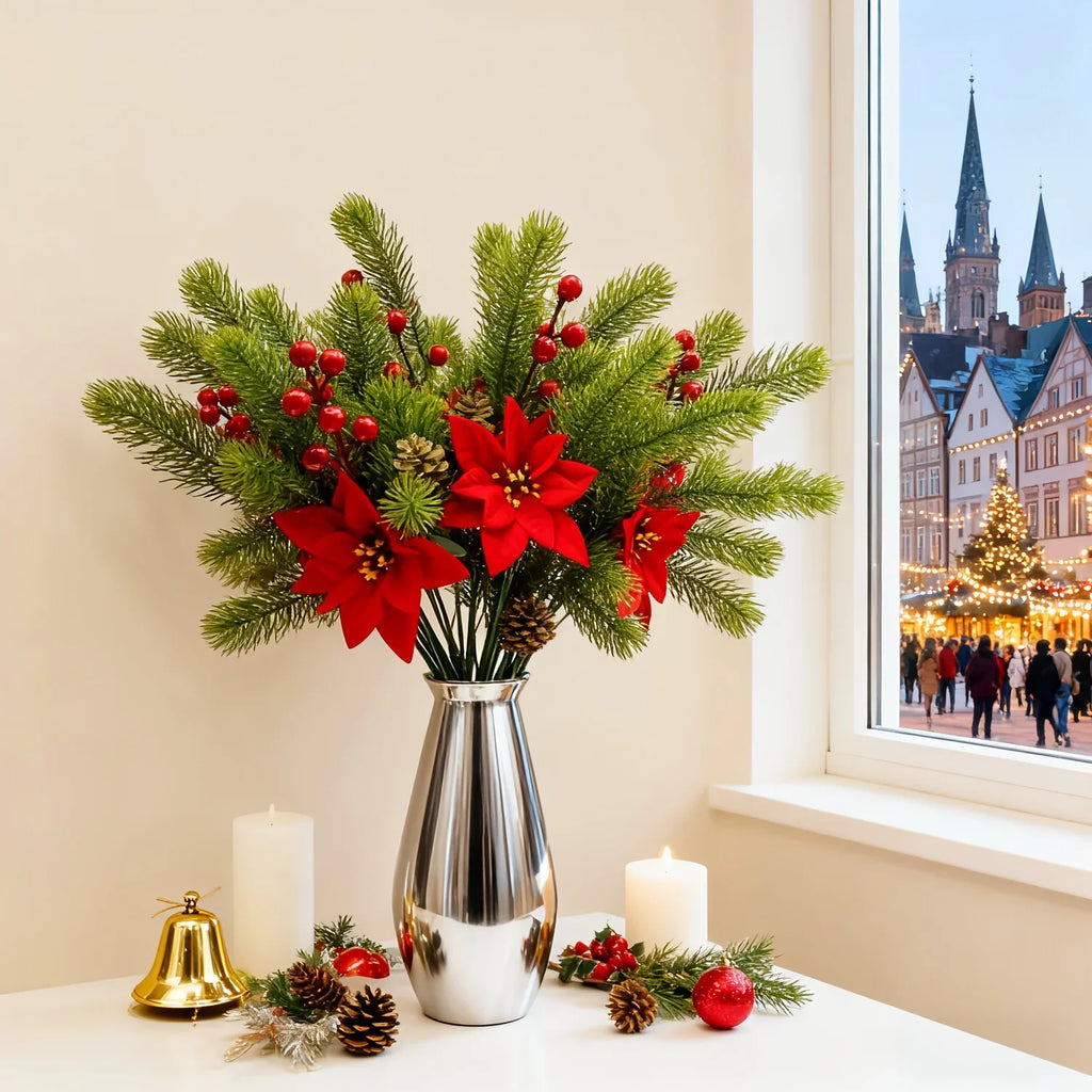 Artificial Flowers, Poinsettia Set of Branches with Pine - House Of Avana