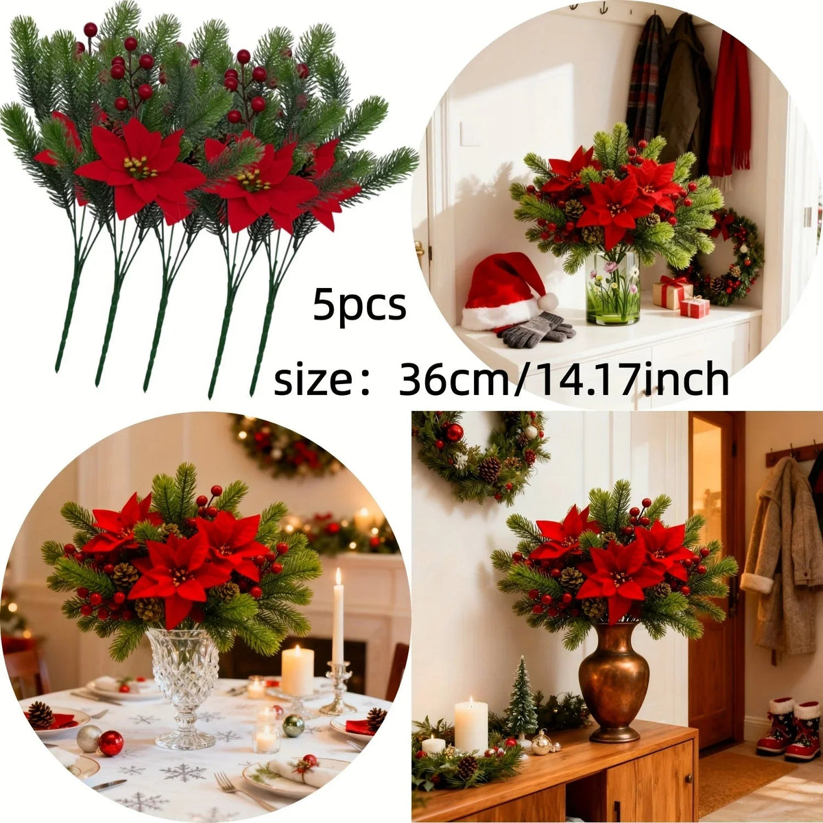 Artificial Flowers, Poinsettia Set of Branches with Pine - House Of Avana [[SKU:HOA-FLR-011]]