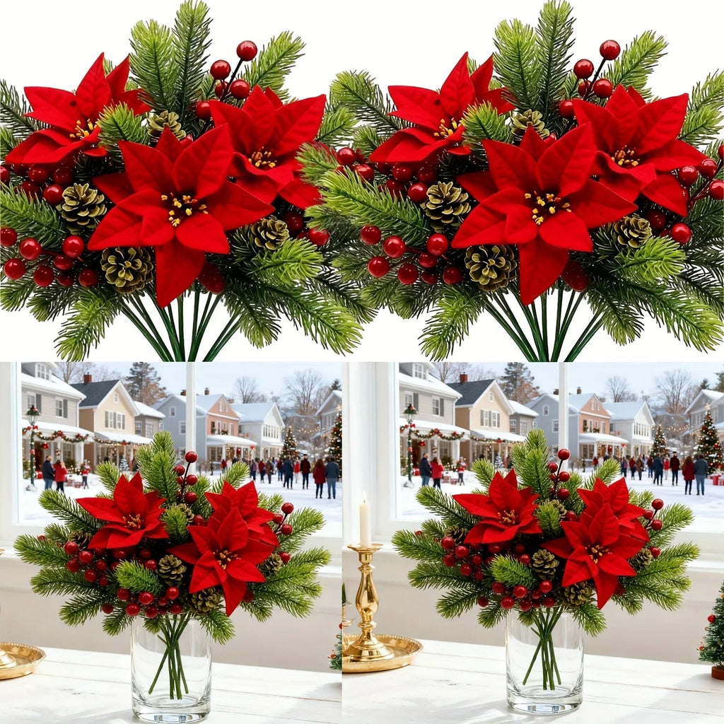 Artificial Flowers, Poinsettia Set of Branches with Pine - House Of Avana [[SKU:HOA-FLR-011]]