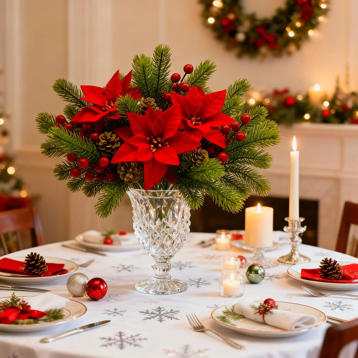 Artificial Flowers, Poinsettia Set of Branches with Pine - House Of Avana [[SKU:HOA-FLR-011]]