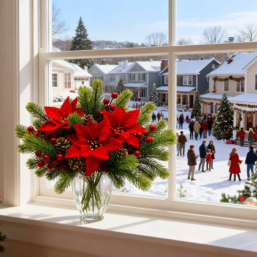 Artificial Flowers, Poinsettia Set of Branches with Pine - House Of Avana [[SKU:HOA-FLR-011]]