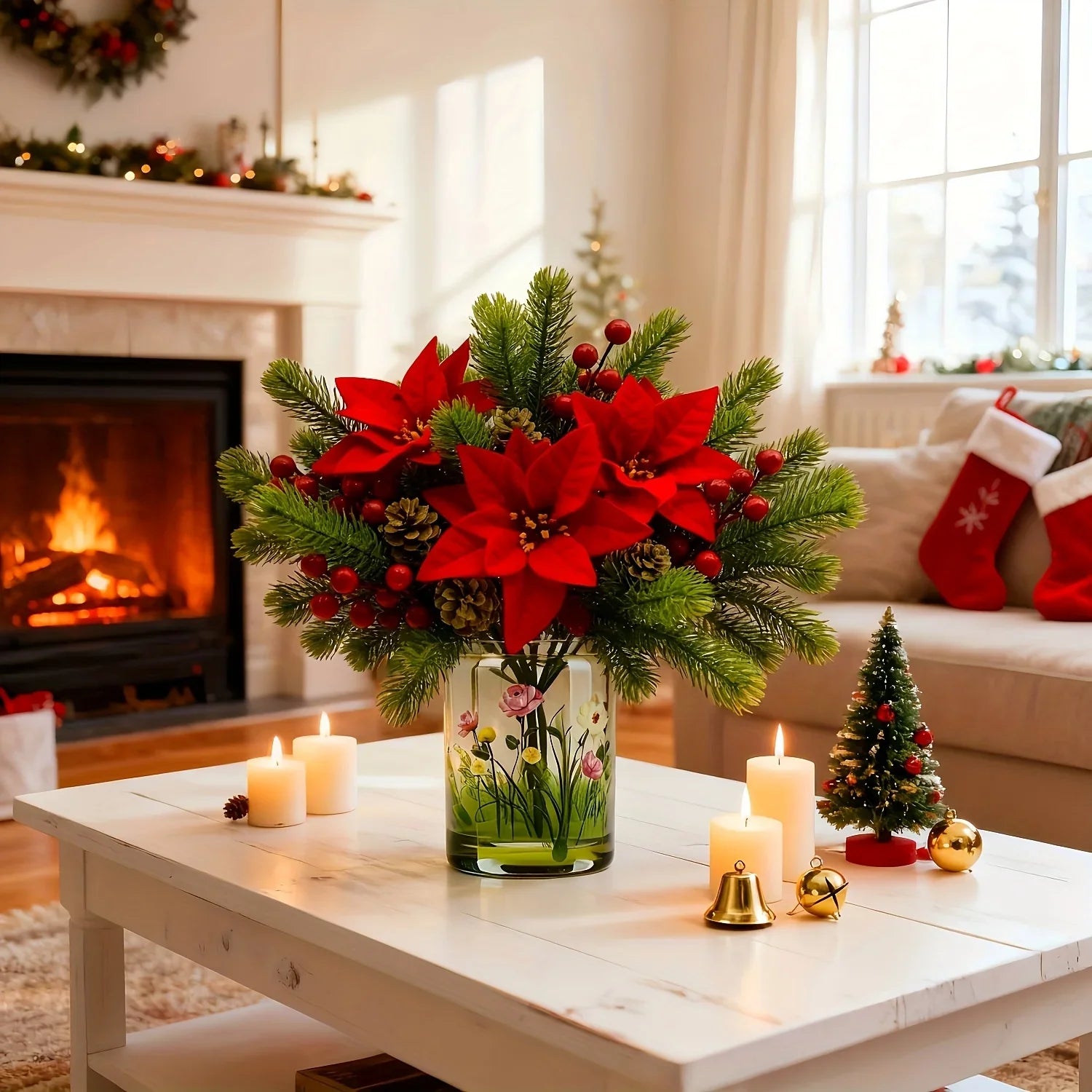 Artificial Flowers, Poinsettia Set of Branches with Pine - House Of Avana