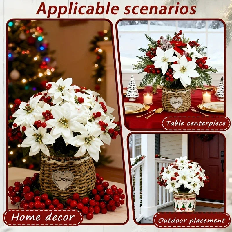 Artificial Flowers Poinsettia with Stems, White and Red Berries, close-up view - House Of Avana