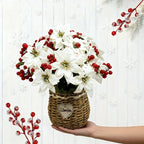 Artificial Flowers Poinsettia with Stems, White and Red Berries, texture detail - House Of Avana