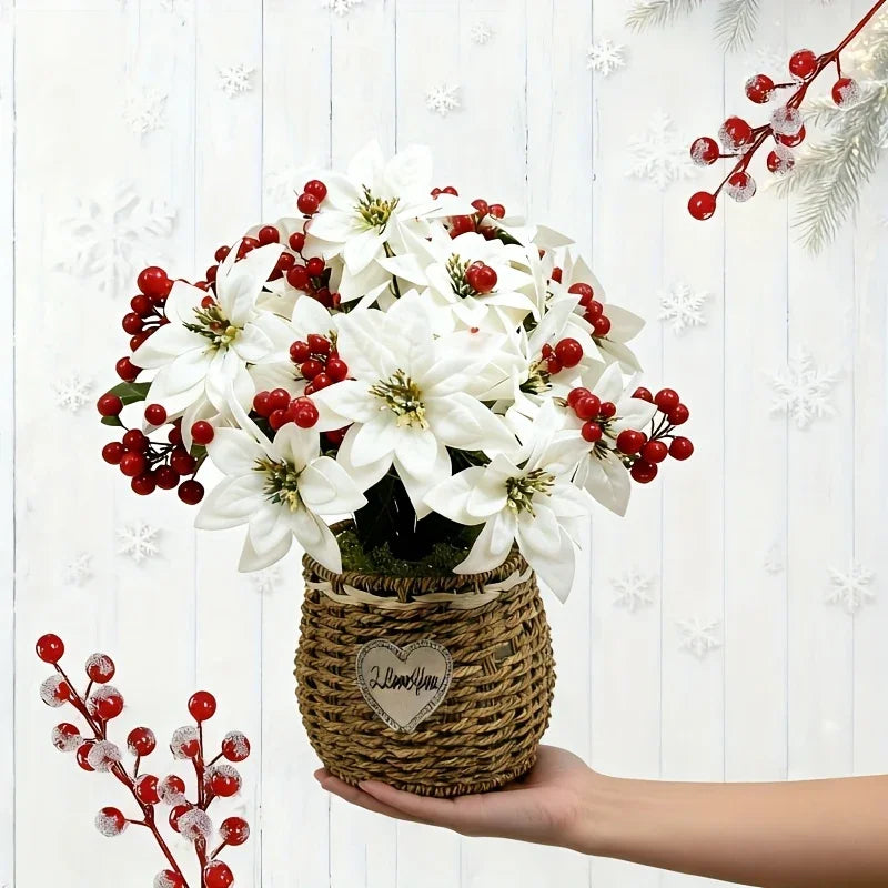 Artificial Flowers Poinsettia with Stems, White and Red Berries, texture detail - House Of Avana