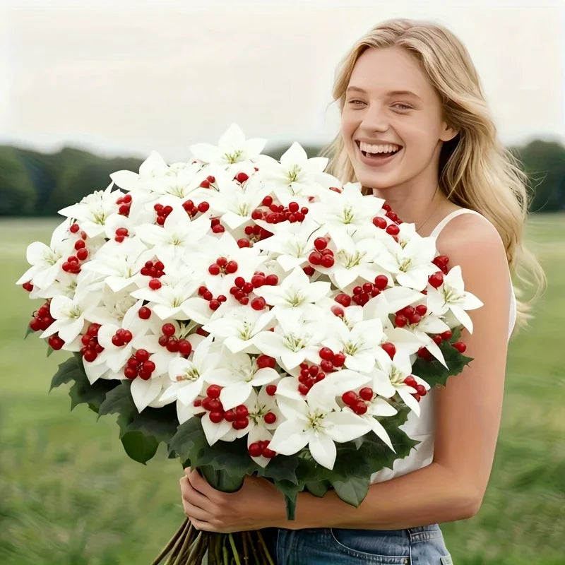 Artificial Flowers Poinsettia with Stems, White and Red Berries, product packaging - House Of Avana