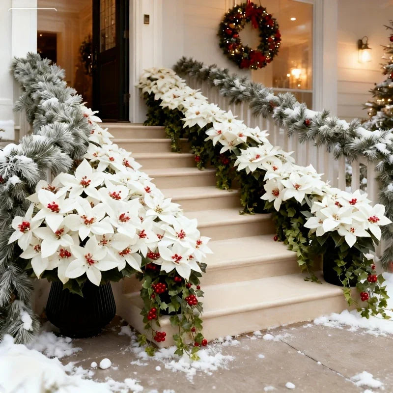 Artificial Flowers Poinsettia with Stems, White and Red Berries, back view - House Of Avana
