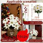 Artificial Flowers Poinsettia with Stems, White and Red Berries, side view - House Of Avana