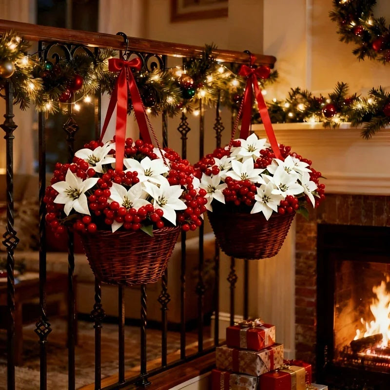 Artificial Flowers Poinsettia with Stems, White and Red Berries, top view - House Of Avana