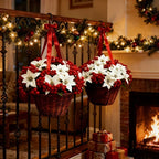 Artificial Flowers Poinsettia with Stems, White and Red Berries, top view - House Of Avana