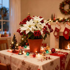 Artificial Flowers Poinsettia with Stems, White and Red Berries, angled view - House Of Avana