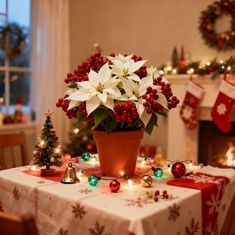 Artificial Flowers Poinsettia with Stems, White and Red Berries, angled view - House Of Avana