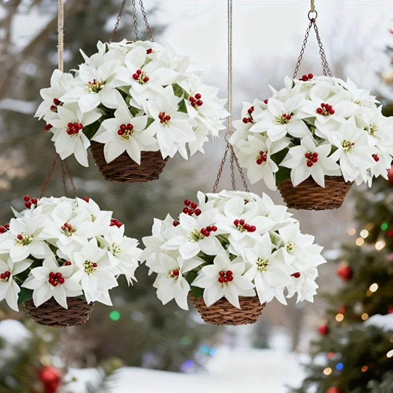Artificial Flowers Poinsettia with Stems, White and Red Berries, angled view - House Of Avana