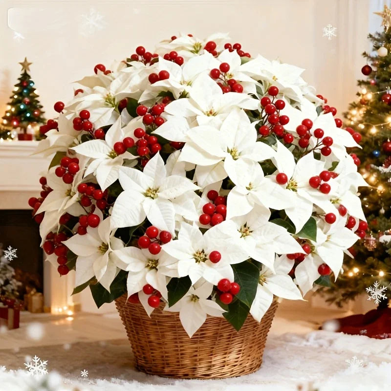 Artificial Flowers Poinsettia with Stems, White and Red Berries, angled view - House Of Avana