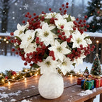 Artificial Flowers Poinsettia with Stems, White and Red Berries, front view - House Of Avana