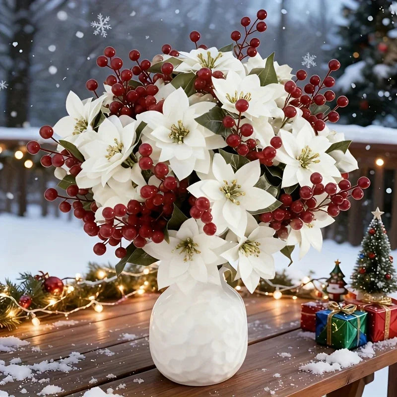 Artificial Flowers Poinsettia with Stems, White and Red Berries, front view - House Of Avana