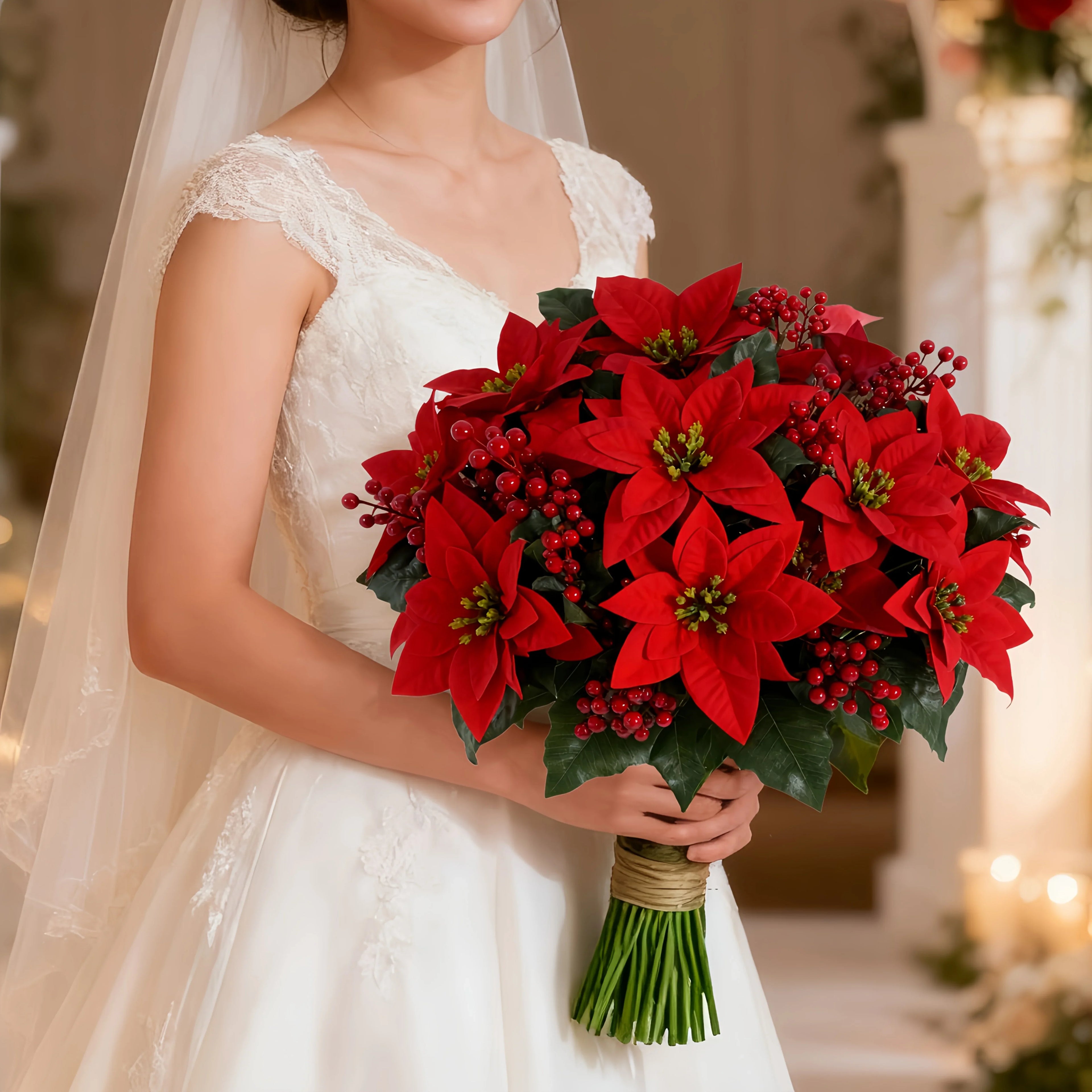 Artificial Poinsettia Flower Bundle - Red Christmas Wreath with Foliage, back view - House Of Avana