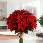 Artificial Poinsettia Flower Bundle - Red Christmas Wreath with Foliage, detail shot - House Of Avana