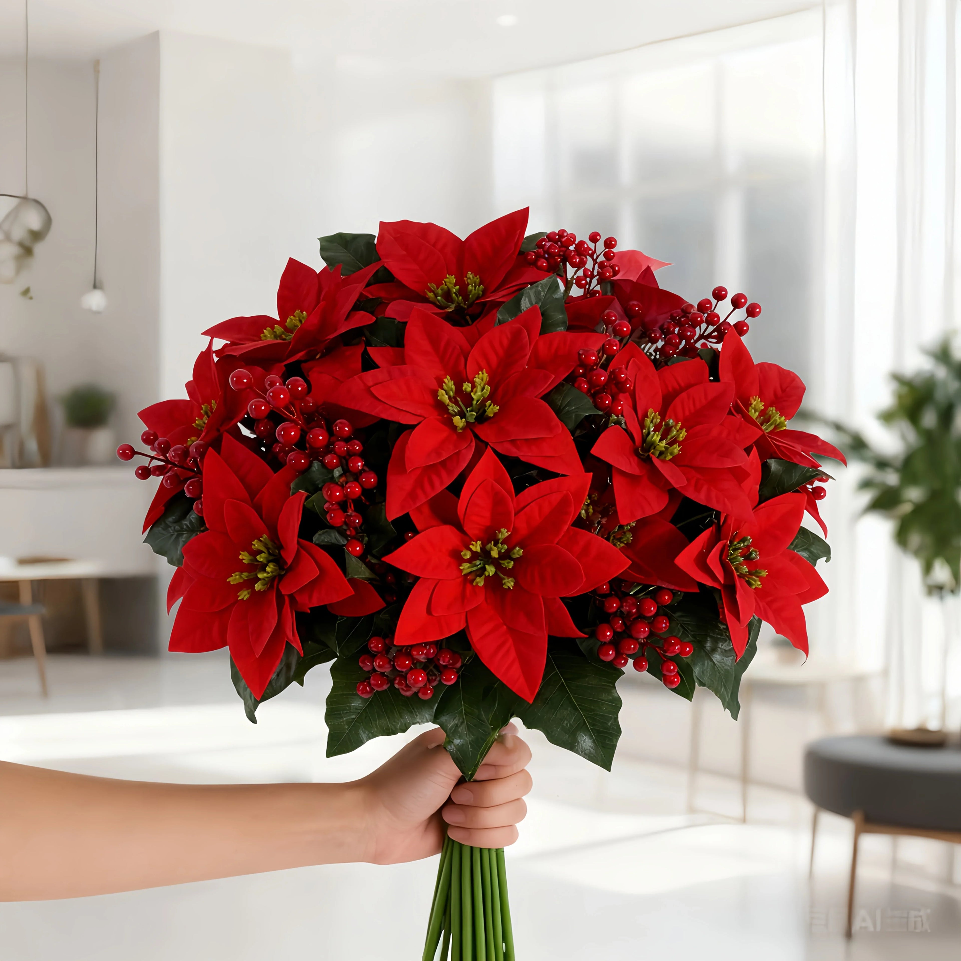Artificial Poinsettia Flower Bundle - Red Christmas Wreath with Foliage, detail shot - House Of Avana