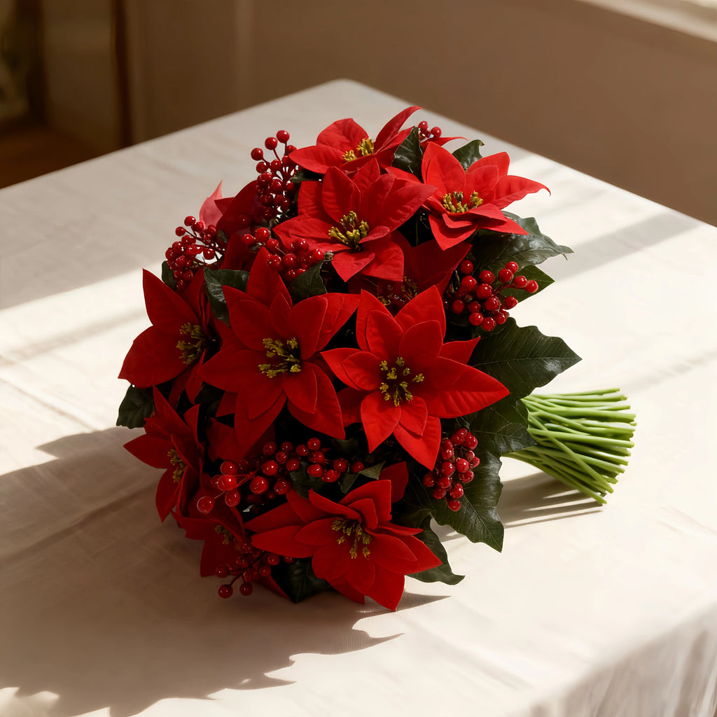 Artificial Poinsettia Flower Bundle - Red Christmas Wreath with Foliage, lifestyle image - House Of Avana