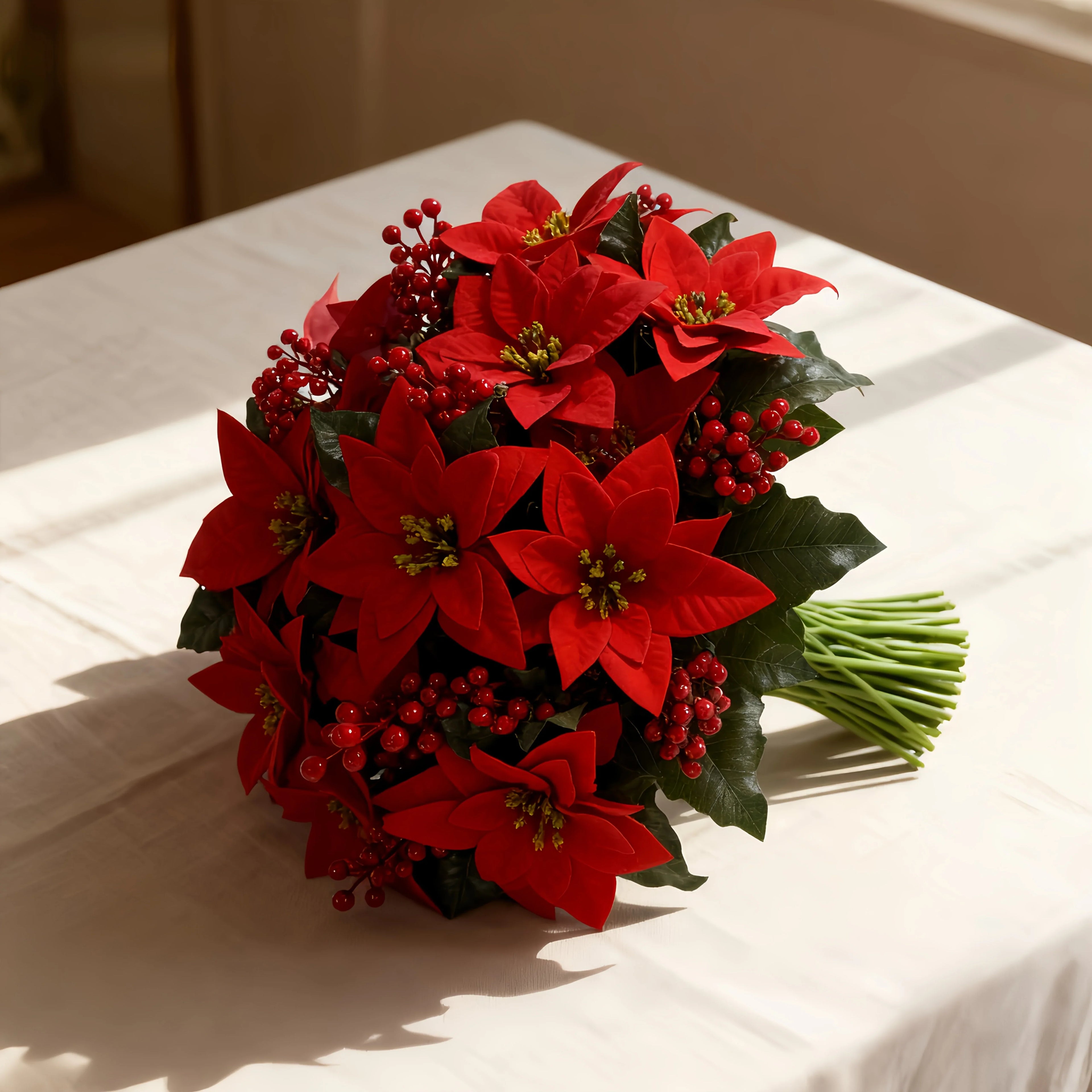 Artificial Poinsettia Flower Bundle - Red Christmas Wreath with Foliage, lifestyle image - House Of Avana