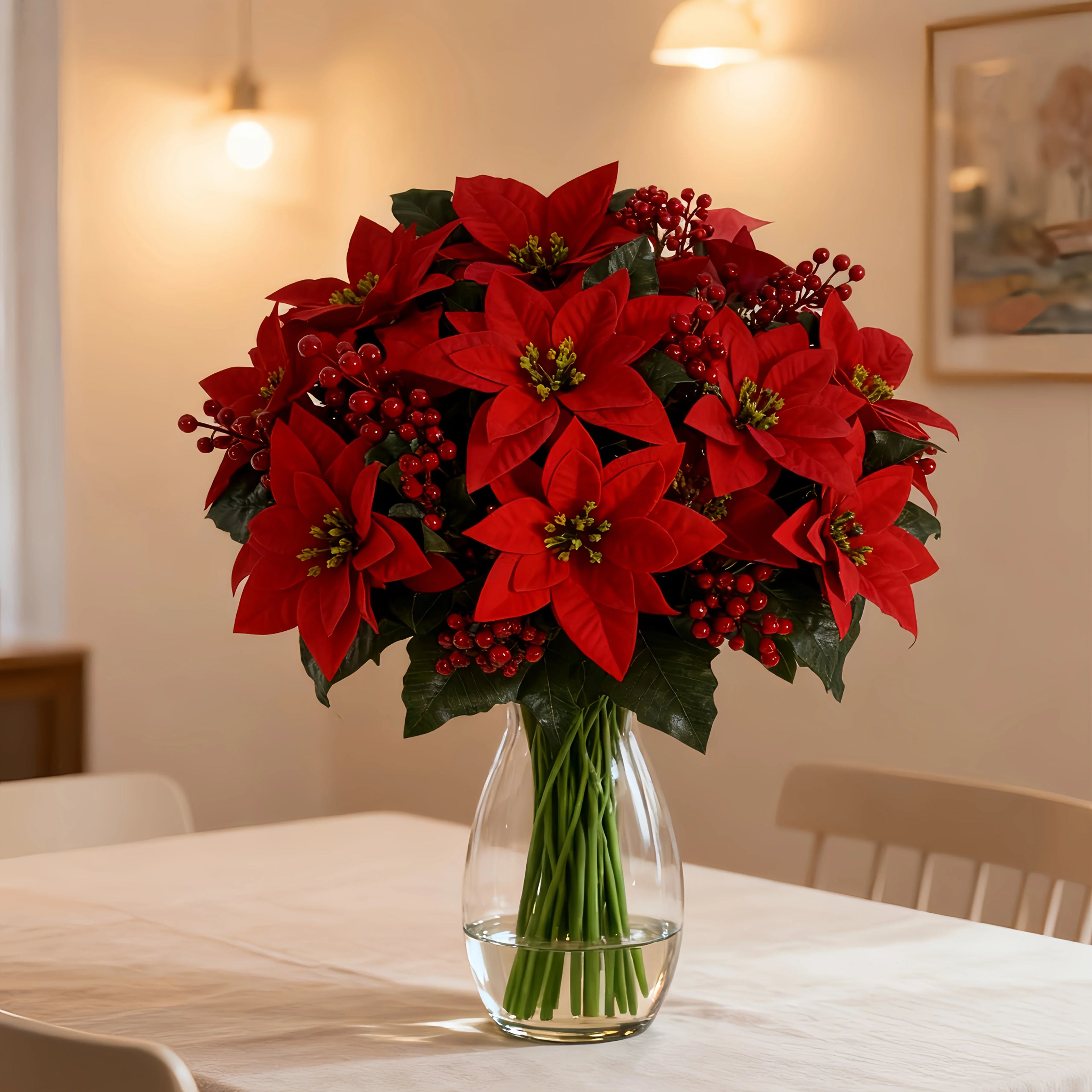 Artificial Poinsettia Flower Bundle - Red Christmas Wreath with Foliage, top view - House Of Avana