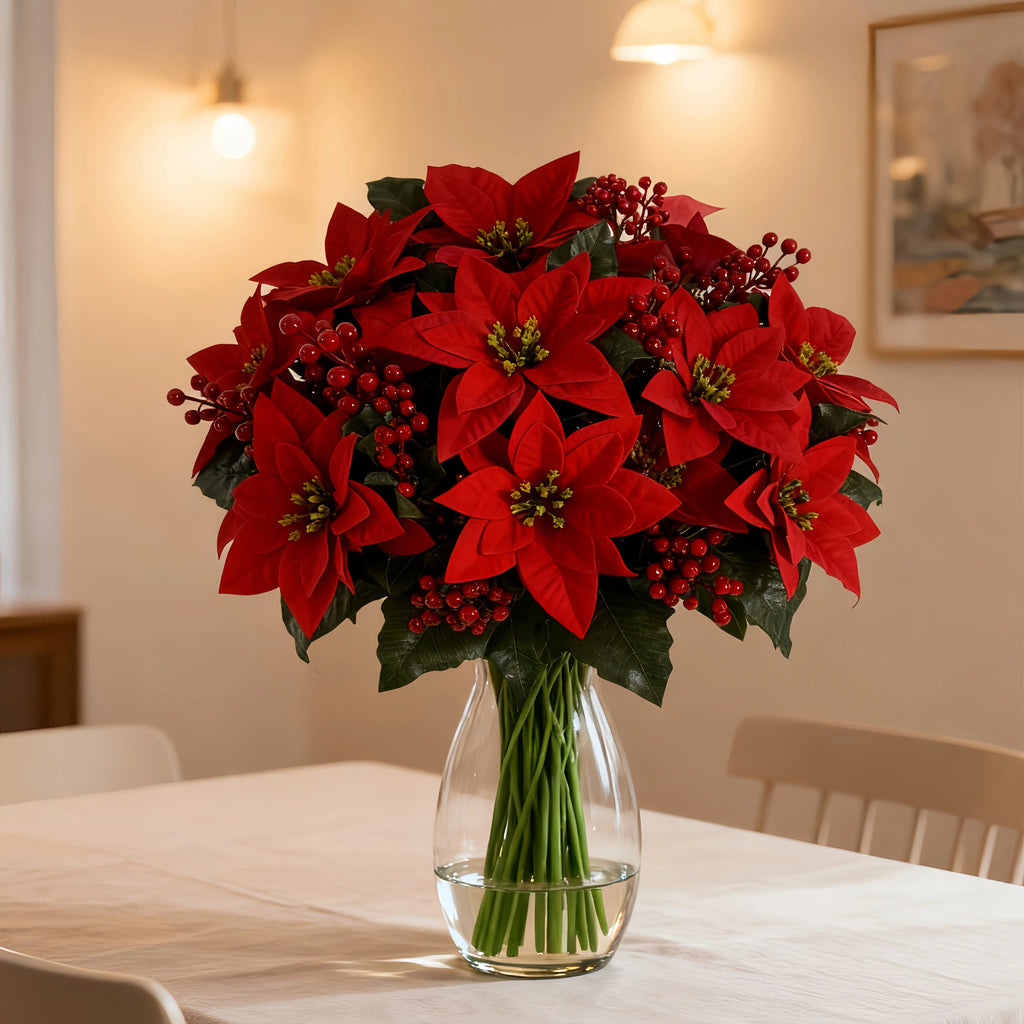 Artificial Poinsettia Flower Bundle - Red Christmas Wreath with Foliage, top view - House Of Avana [[SKU:HOA-FLR-023]]