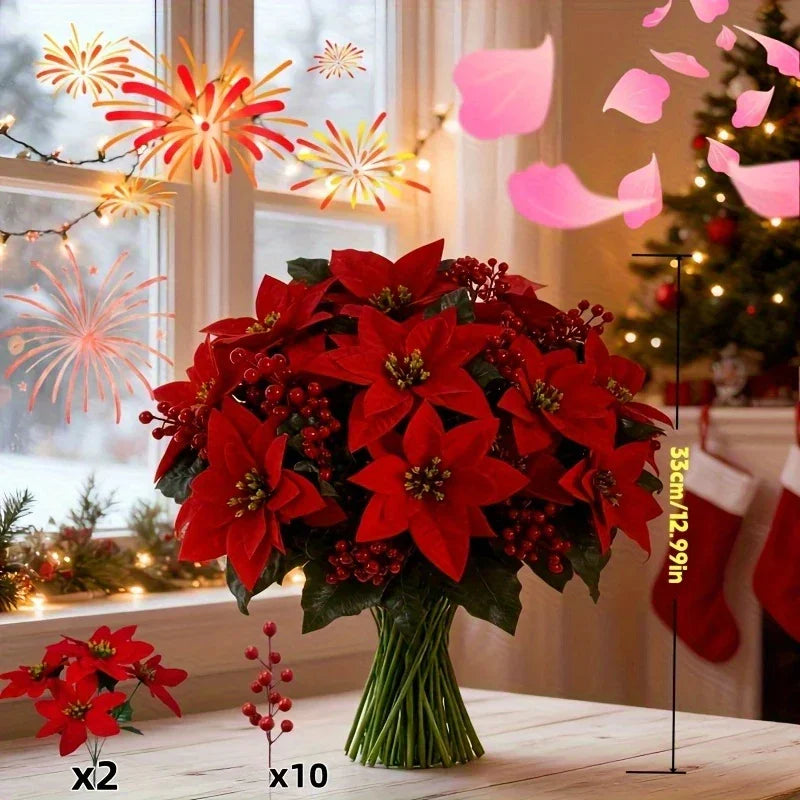 Artificial Poinsettia Flower Bundle - Red Christmas Wreath with Foliage, angled view - House Of Avana
