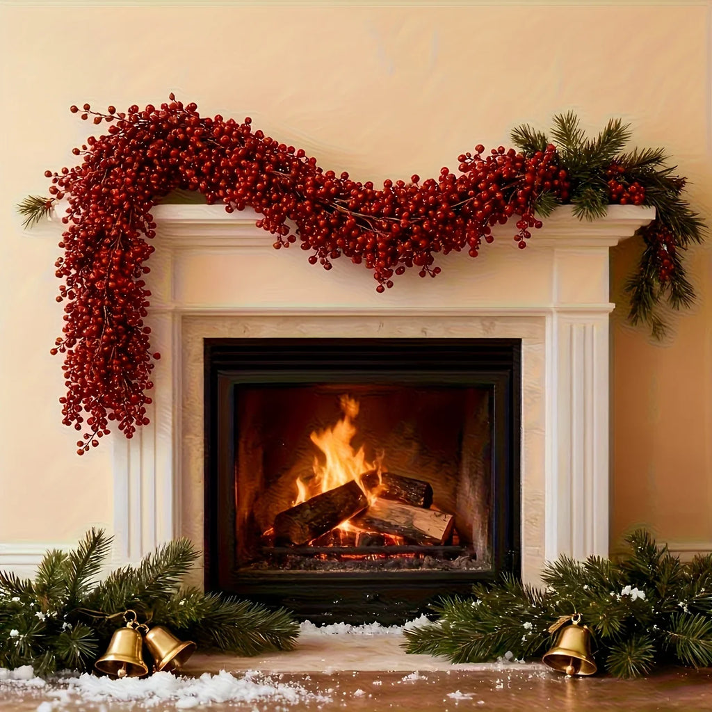 Artificial Poinsettia Garland 2-pack Faux Holly Ivy Vine, angled view - House Of Avana