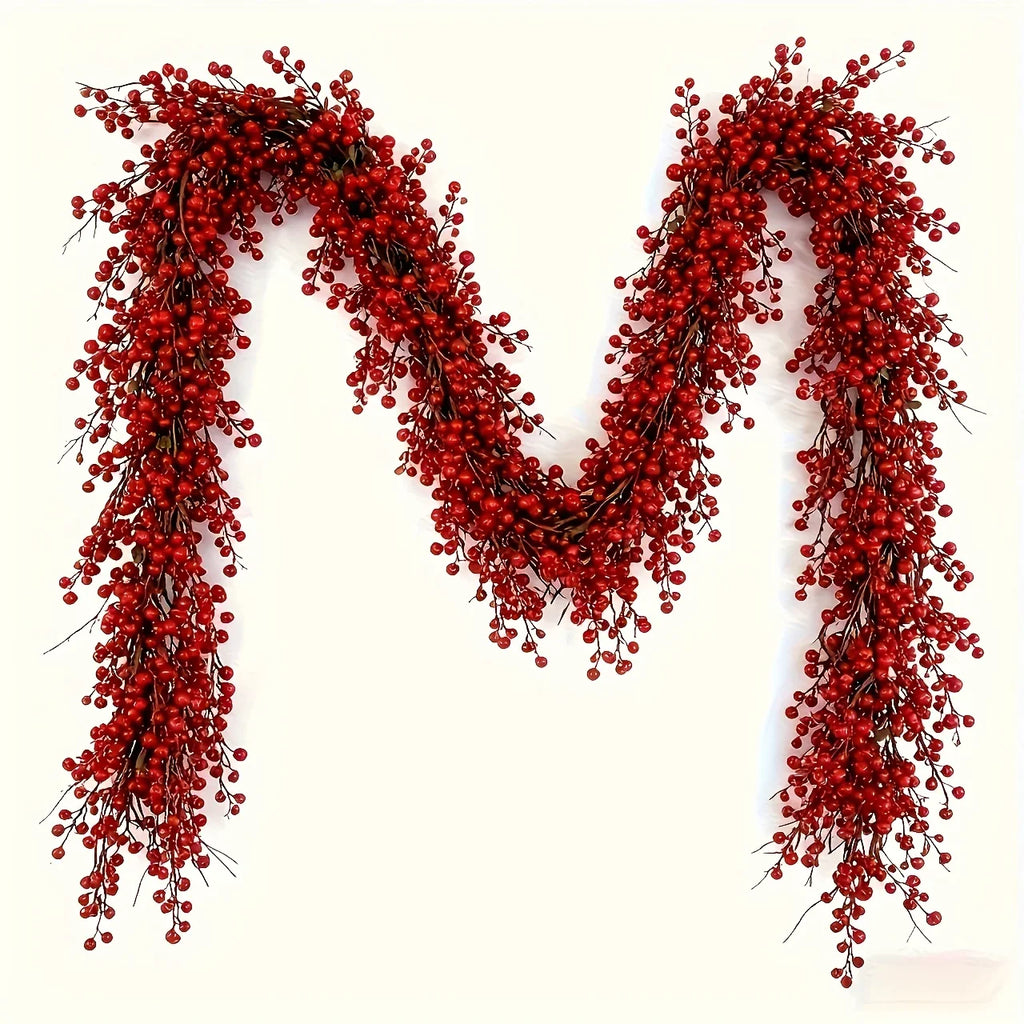 Artificial Poinsettia Garland 2-pack Faux Holly Ivy Vine, angled view - House Of Avana