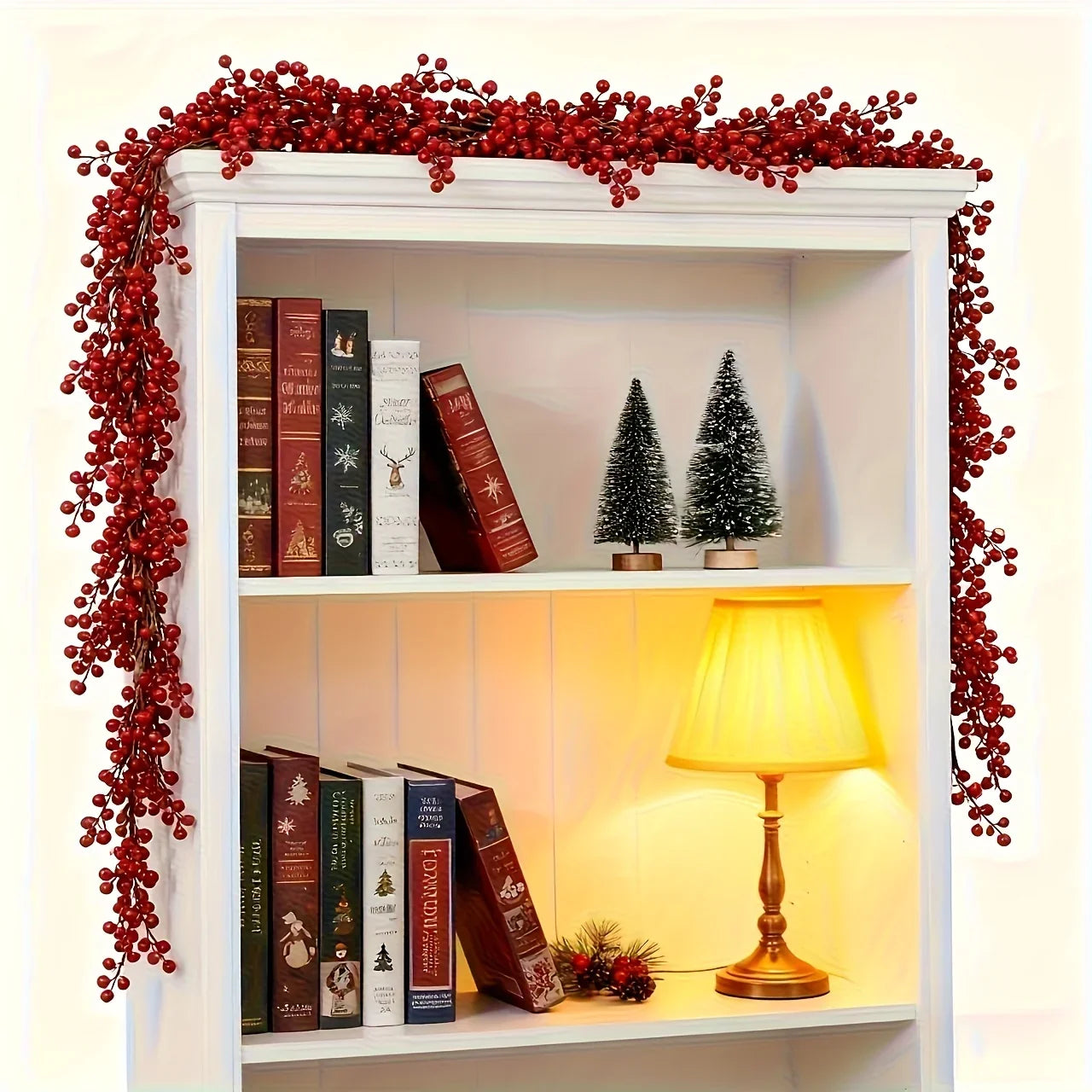 Artificial Poinsettia Garland 2-pack Faux Holly Ivy Vine, angled view - House Of Avana